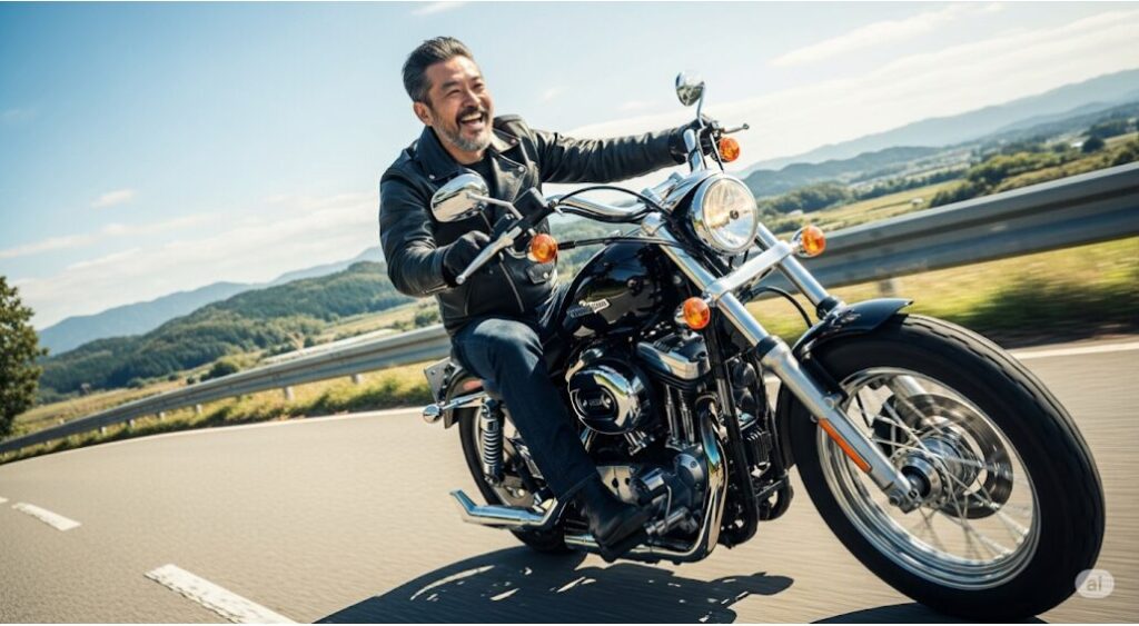 バイクを楽しみ人生を豊かに過ごしている日本人のイメージ